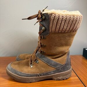 BearPaw Serena Suede Knit Lace Up Snow Boot Leather Sherpa Lined Shearling W9